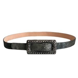 Leatherock Metallic Gunmetal Leather Crystal Buckle Belt, Size 34